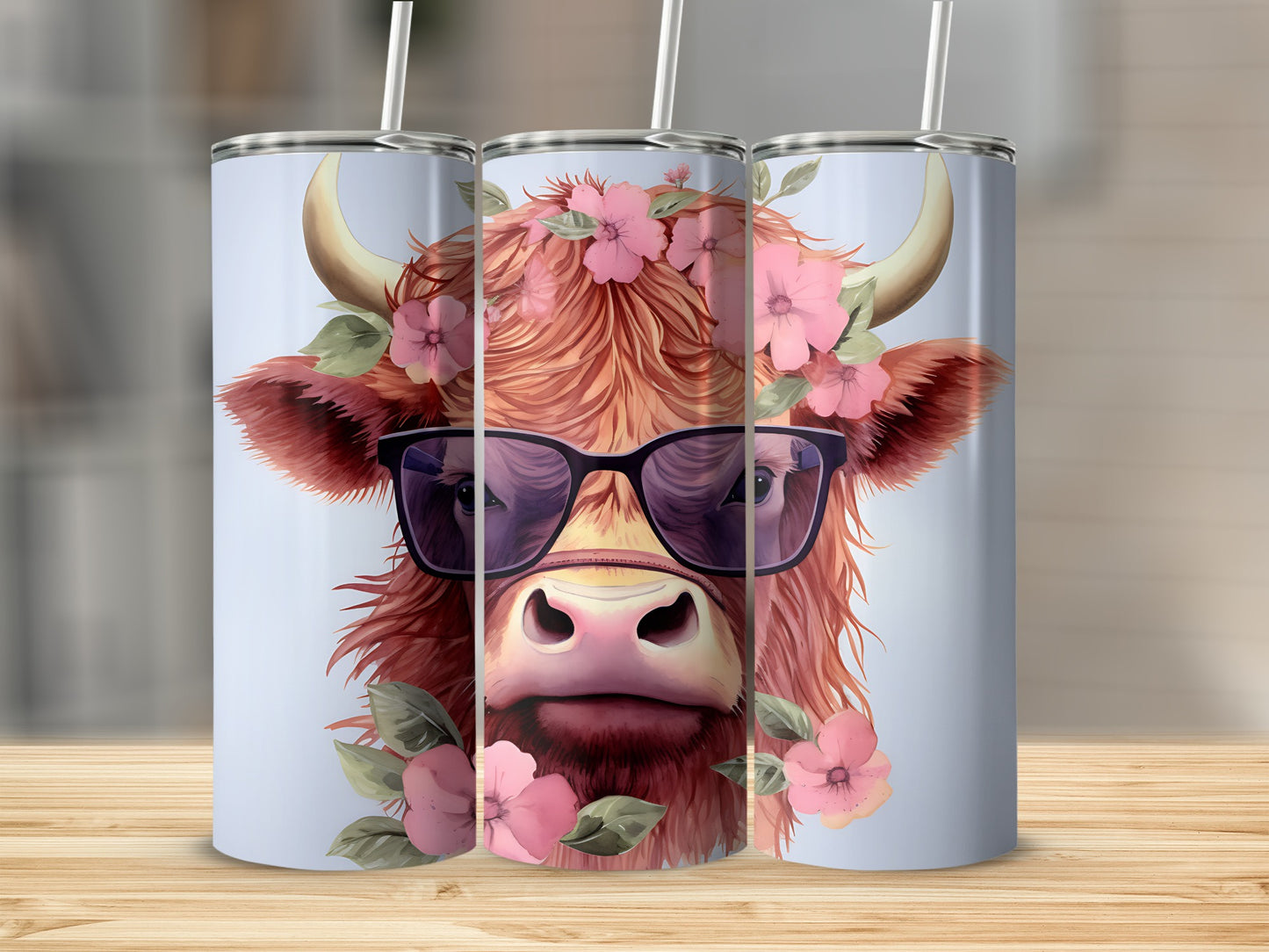 Highland cow wearing sunglasses and flower crown on a tumbler.