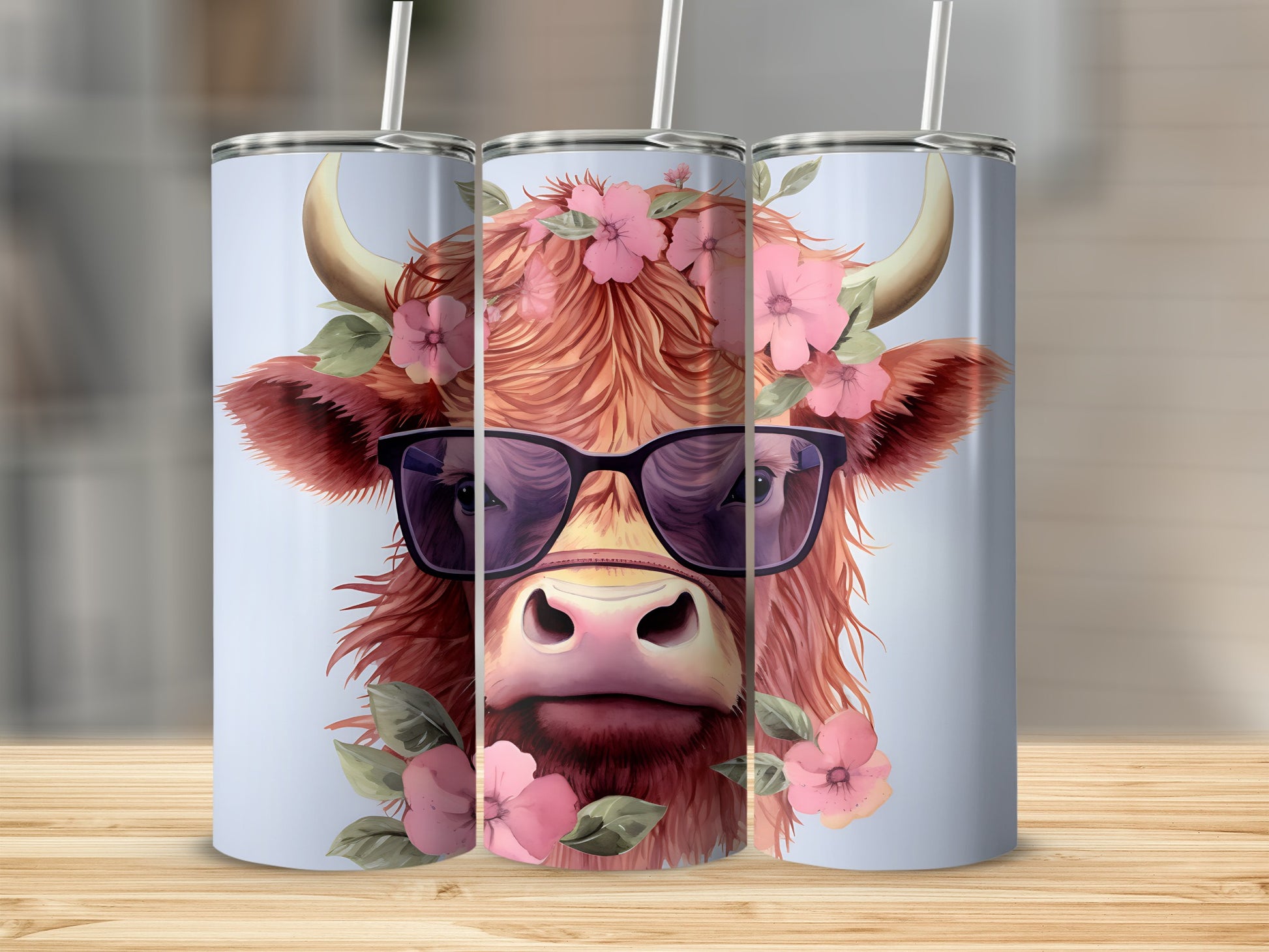 Highland cow wearing sunglasses and flower crown on a tumbler.