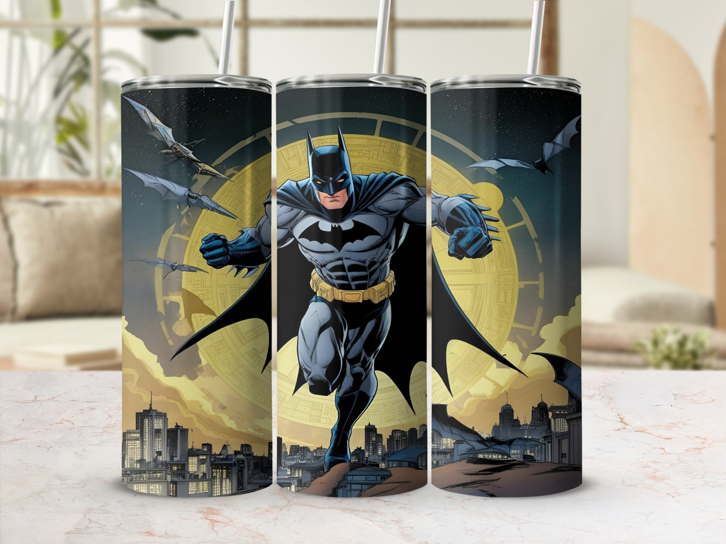 Batman in flight over a city with a large yellow circle behind him.