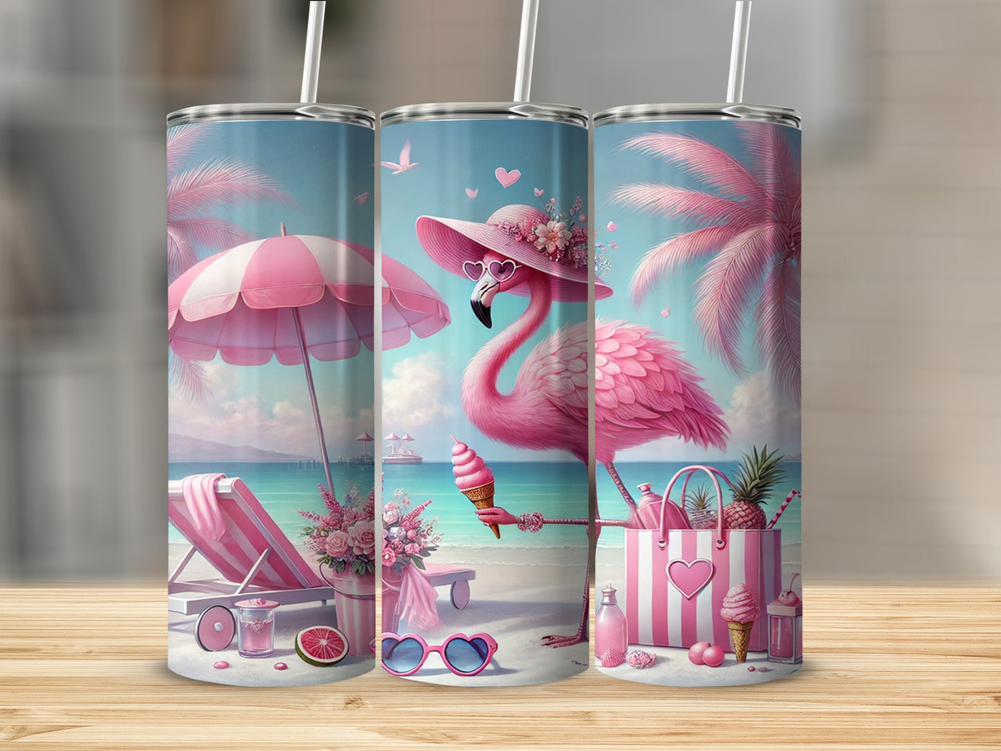 Pink Flamingo Beach Scene Summer Vibes Tumbler Product
