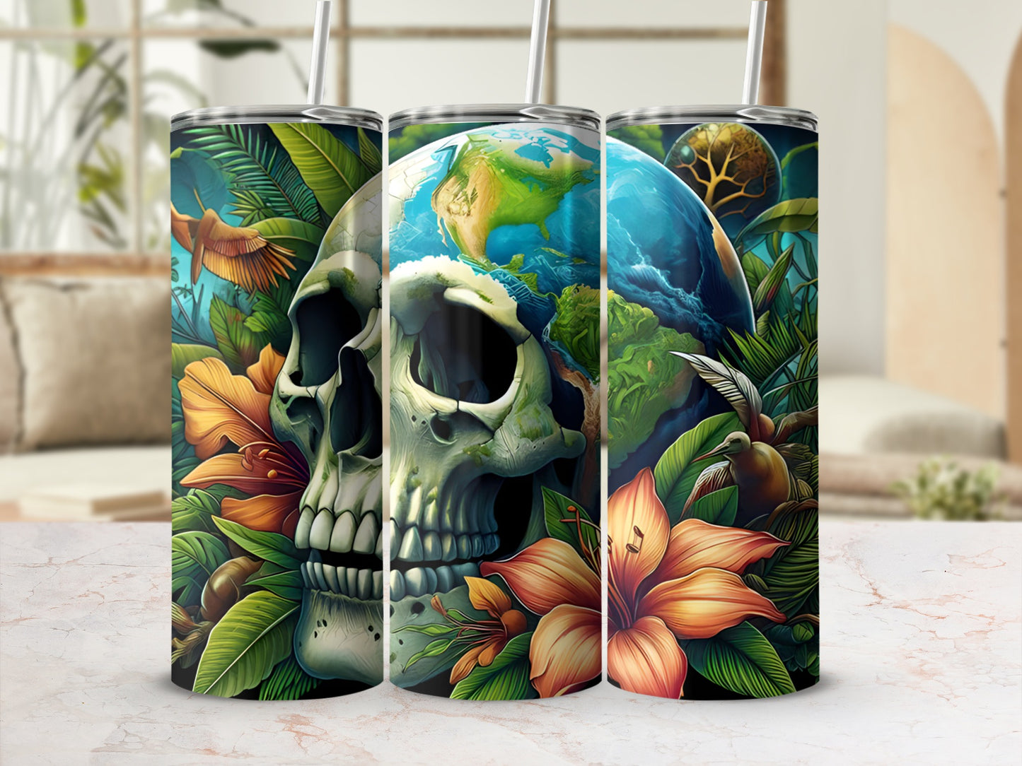 Tumbling skull with Earth and foliage design on a tumbler.