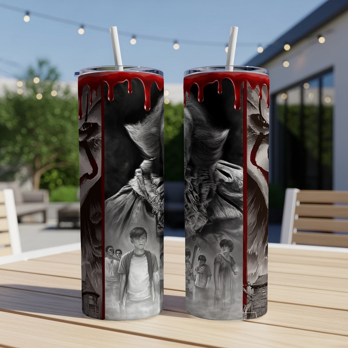 Two tumblers featuring Pennywise and children from the movie It.