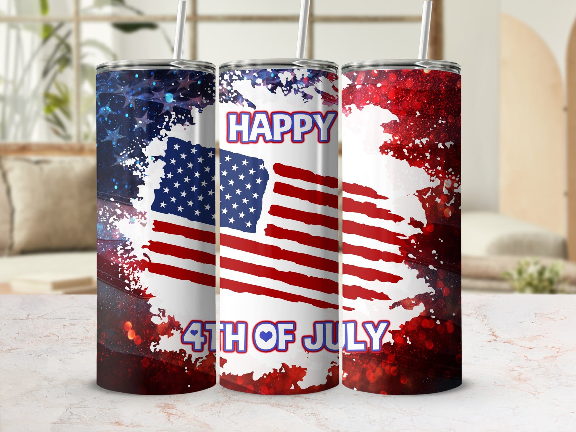 Tumbler with Happy 4th of July text and distressed American flag design.