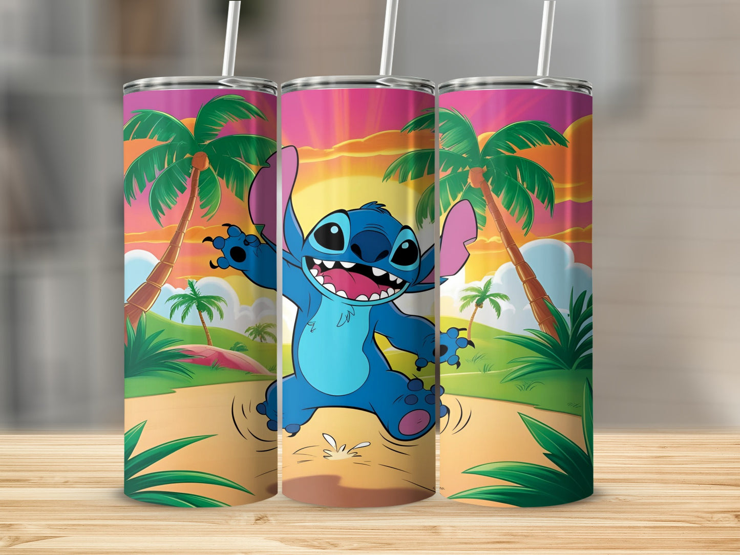 Stitch character from Lilo & Stitch jumping with palm trees and sunset background.