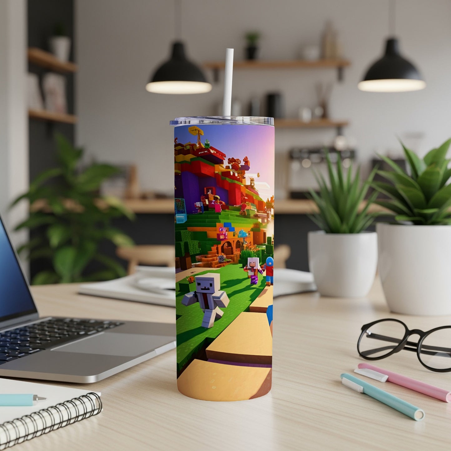 Minecraft characters and landscape wrap around a white tumbler with a straw.