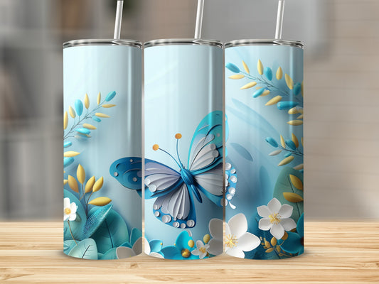 Light blue tumbler with a large blue butterfly and floral accents.