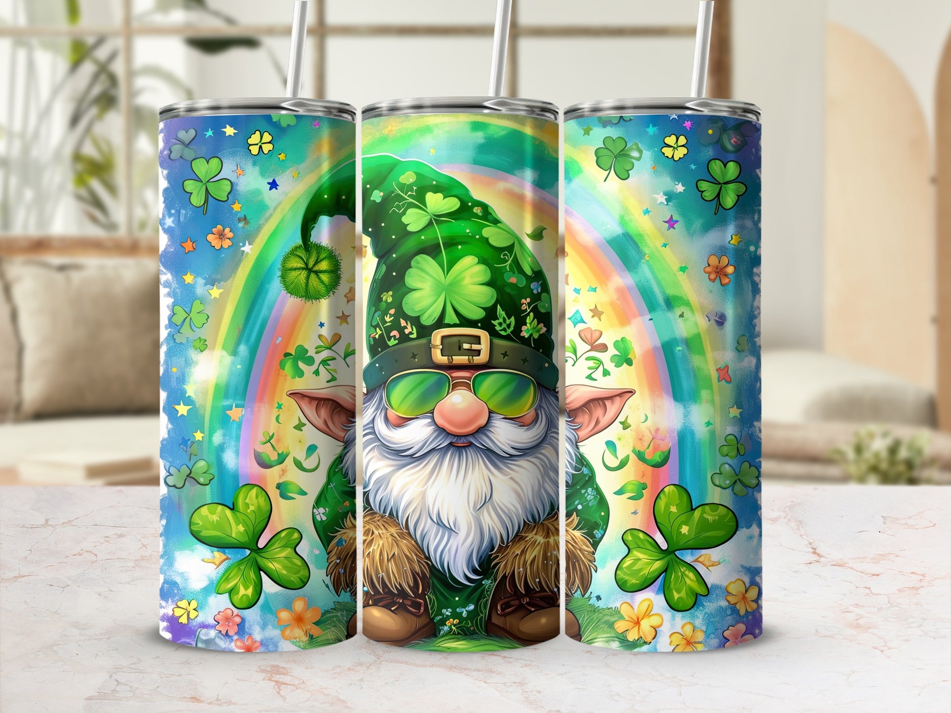 Gnome wearing sunglasses and a shamrock hat with a rainbow background.