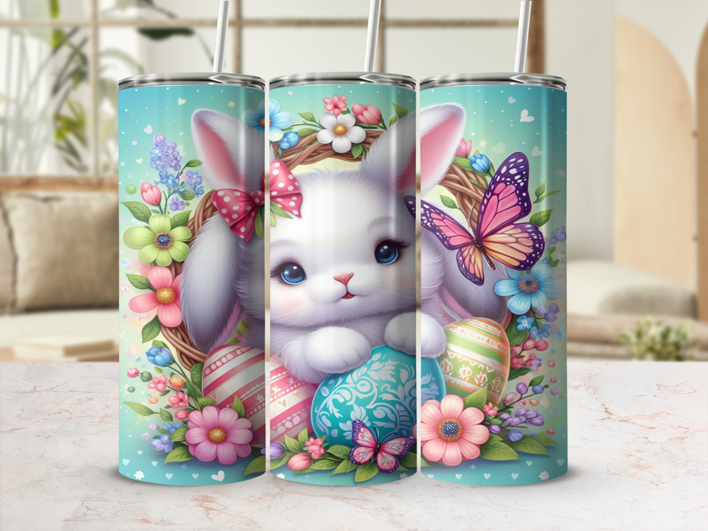 Easter bunny with eggs and flowers, a pink butterfly, and a blue butterfly.