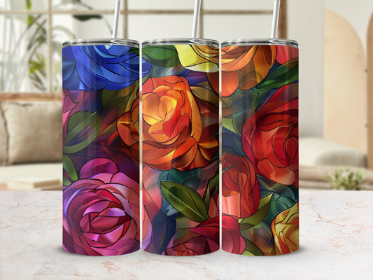Three stained glass tumblers with colorful rose designs.