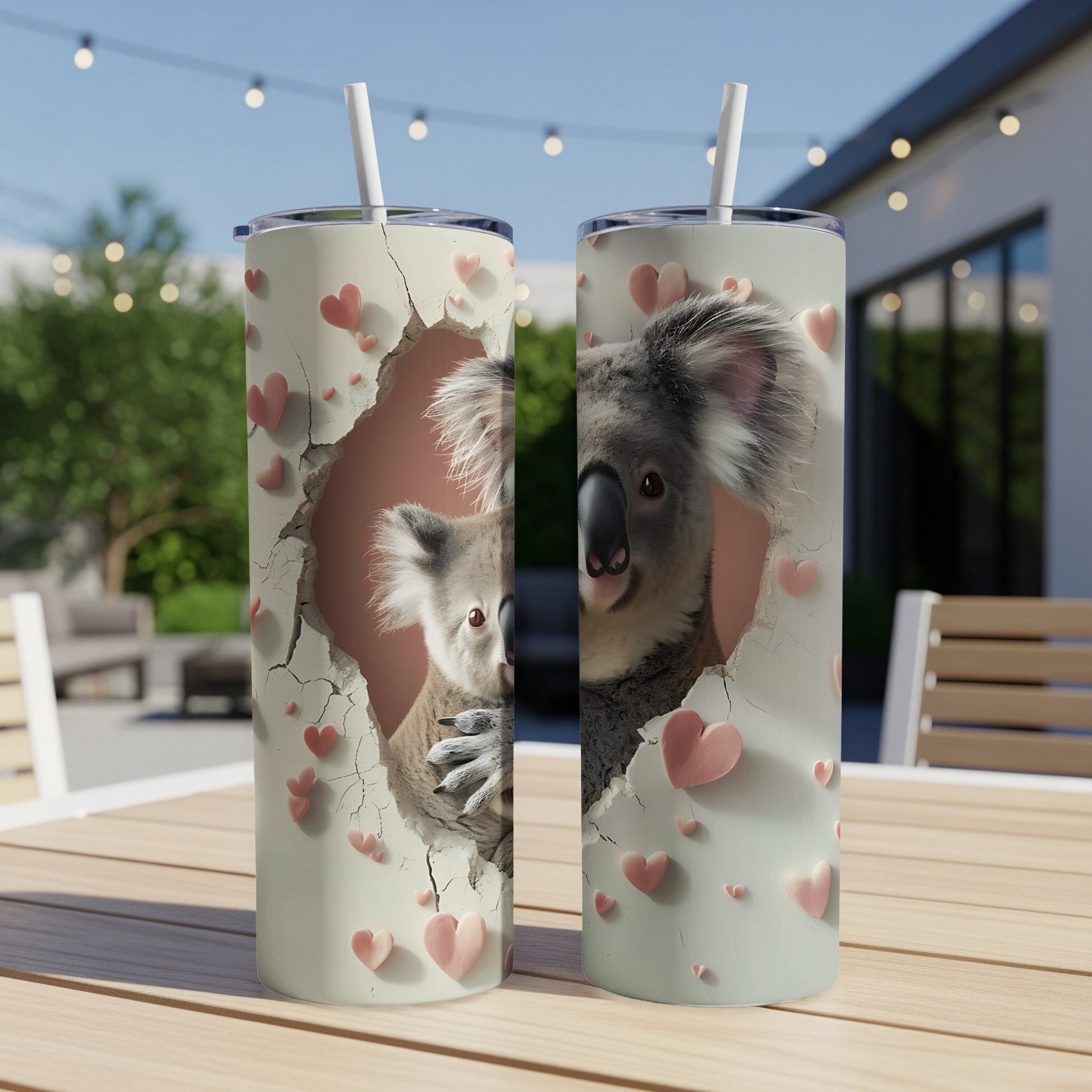 Two tumblers featuring a koala peeking through a heart-shaped opening.
