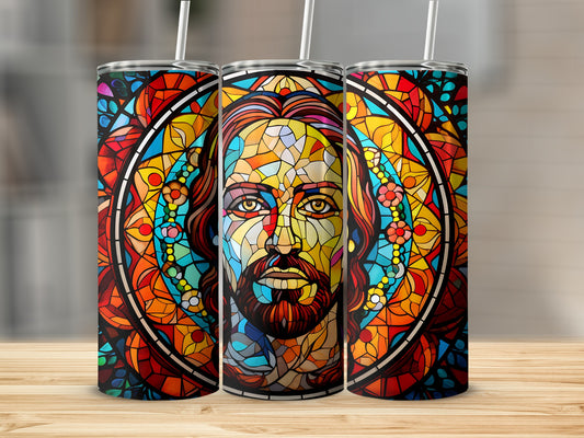 Stained glass tumbler featuring a colorful portrait of Jesus Christ.