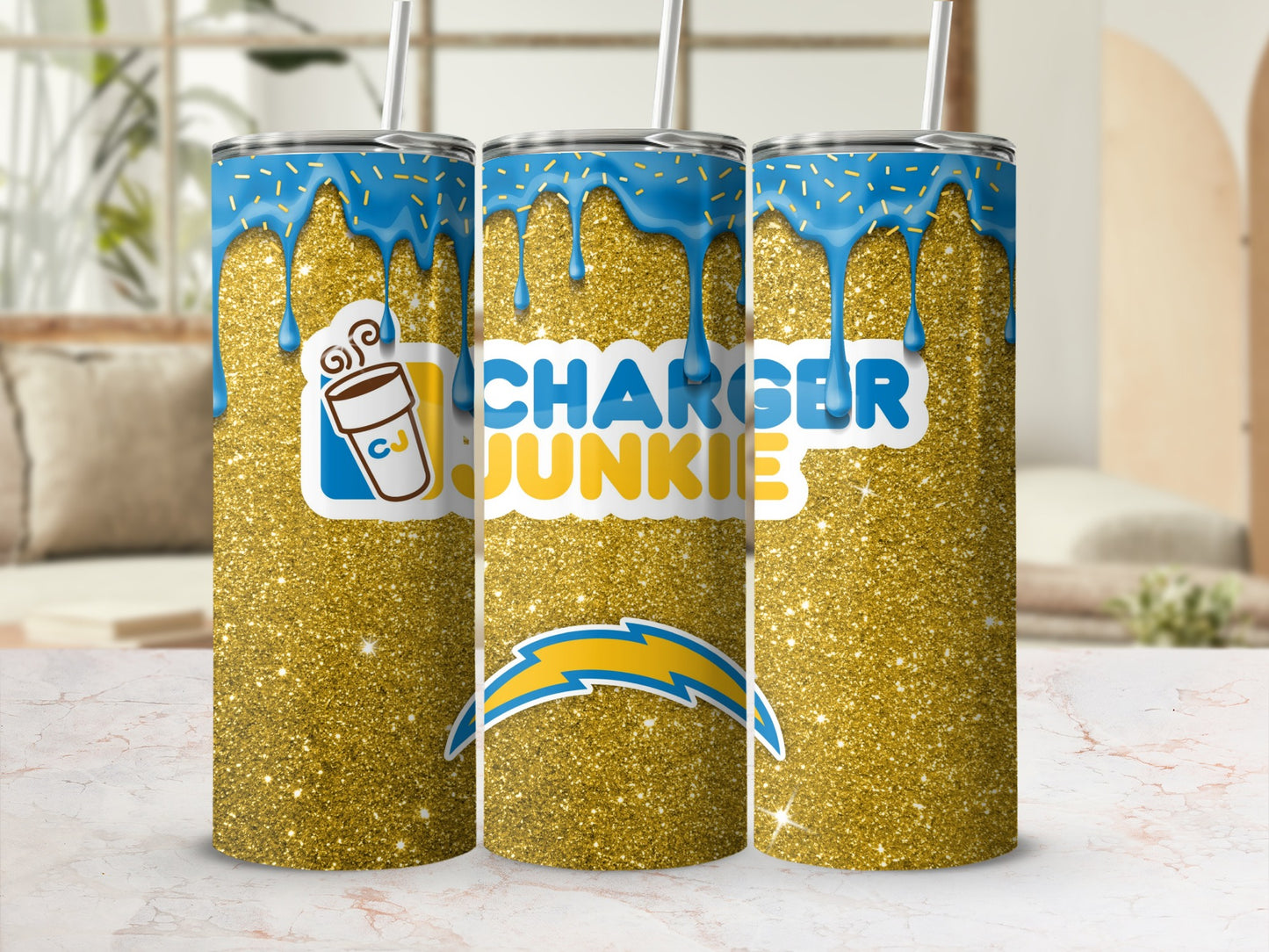 Charger Junkie Blue and Gold Glitter Tumbler