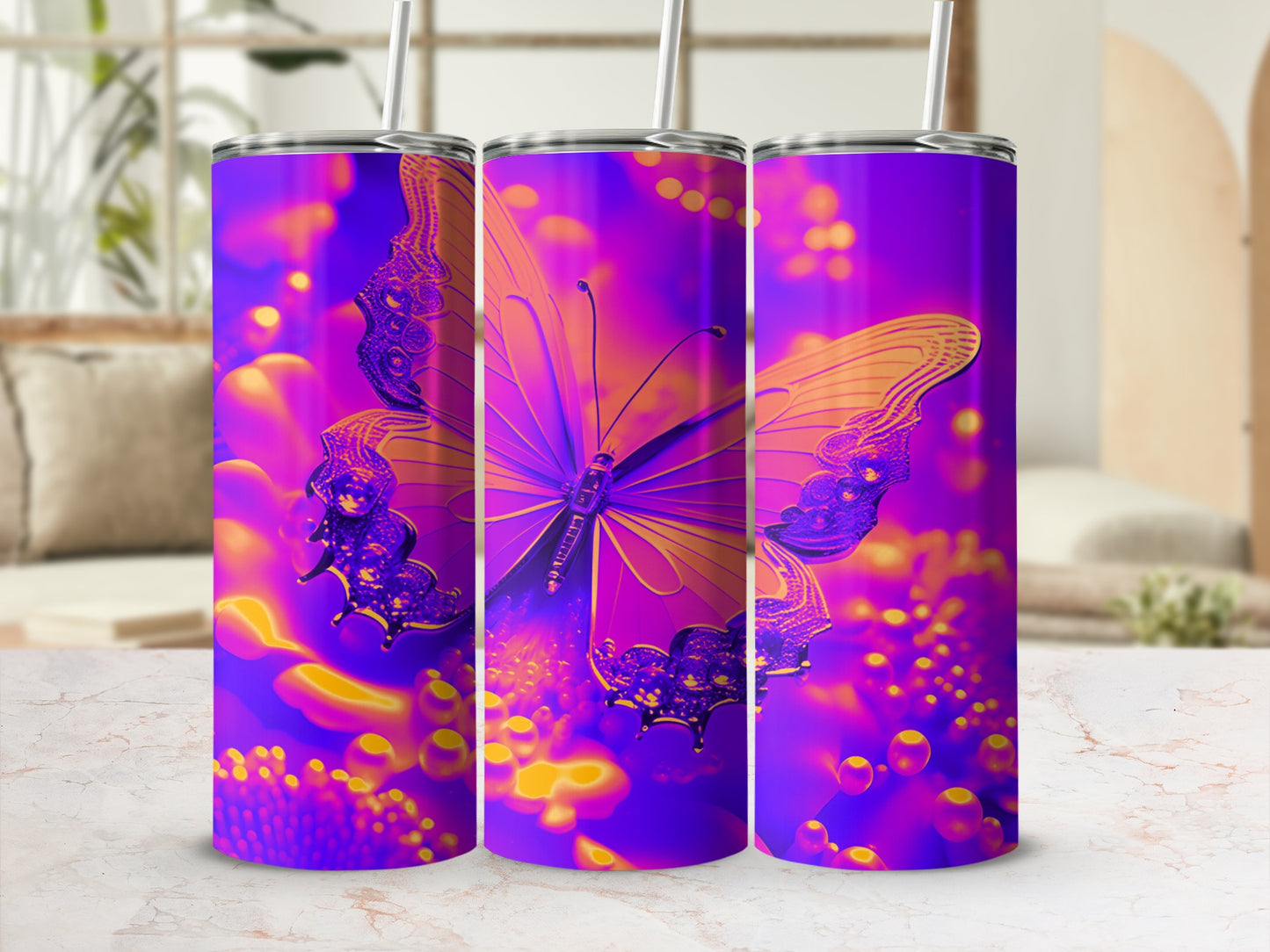 Purple butterfly design on three metallic tumblers with bokeh background.