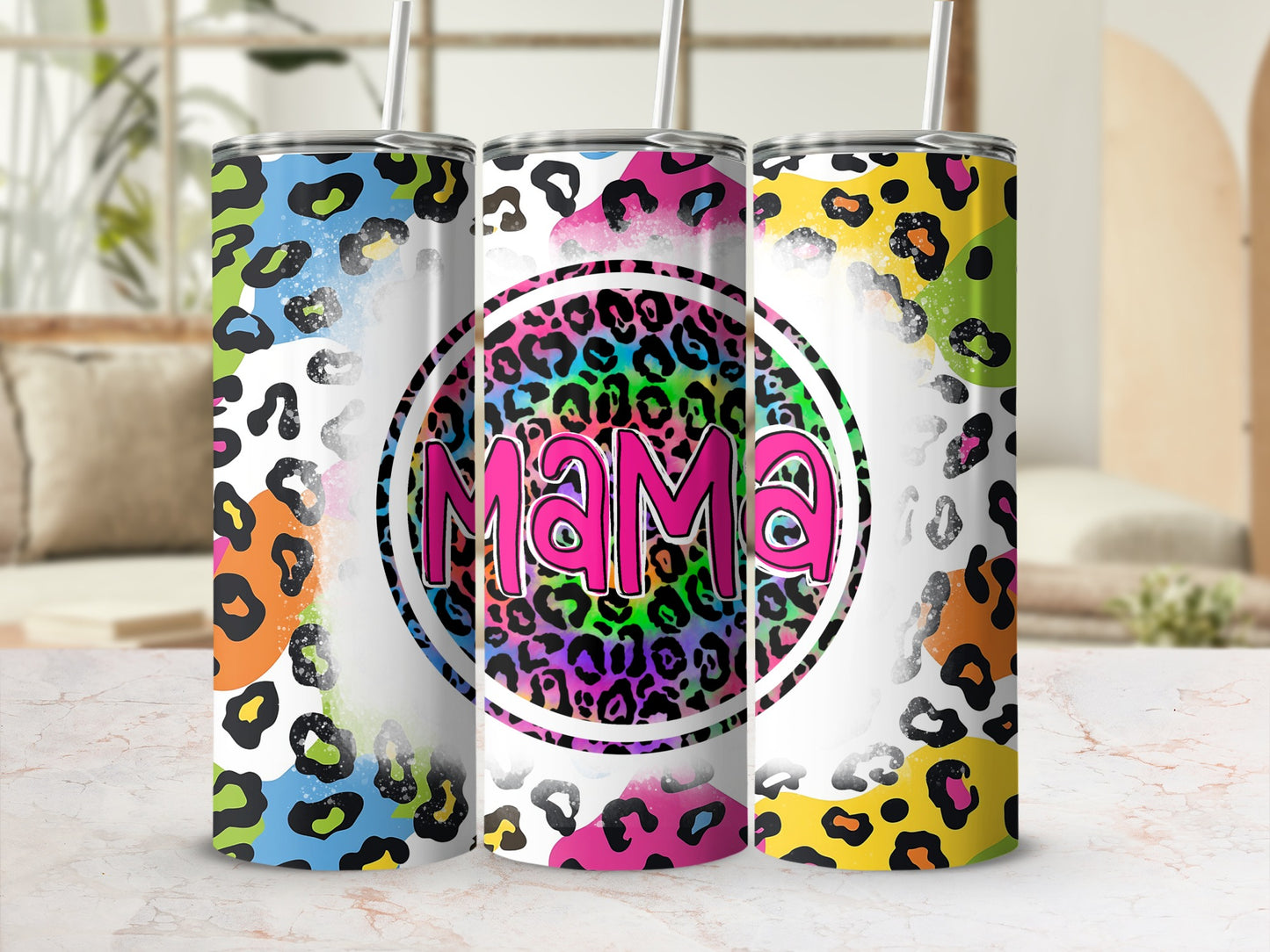 Colorful Leopard Print Mama Design Tumbler Cup