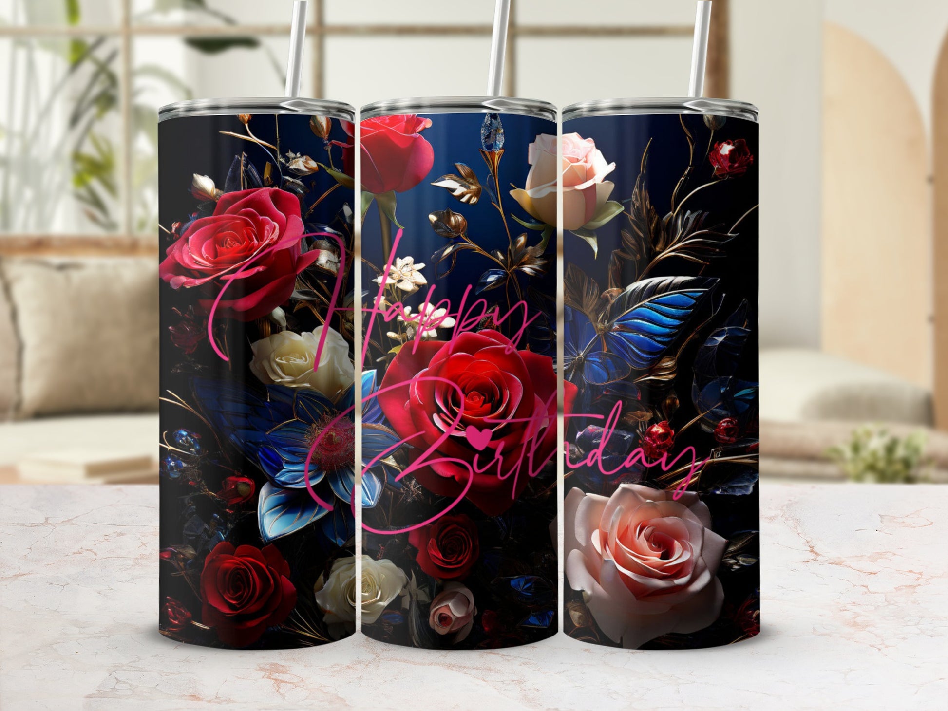 Floral tumbler with "Happy Birthday" text, featuring red and white roses.