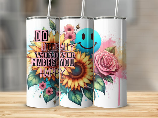 Sunflower, rose, and smiley face designs on three white tumblers.
