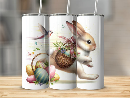 Easter bunny with basket of eggs and a bird.