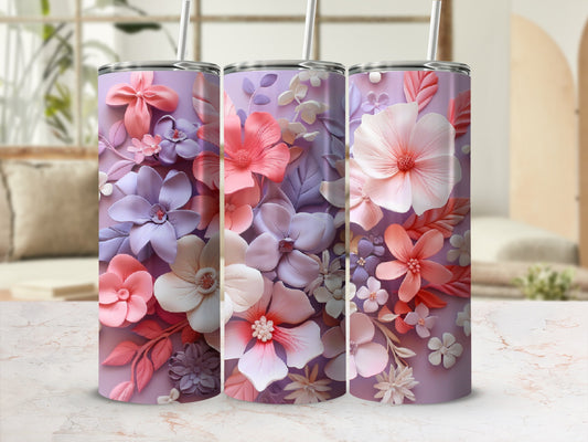 Three tumblers with 3D floral designs in shades of pink, purple, and white.