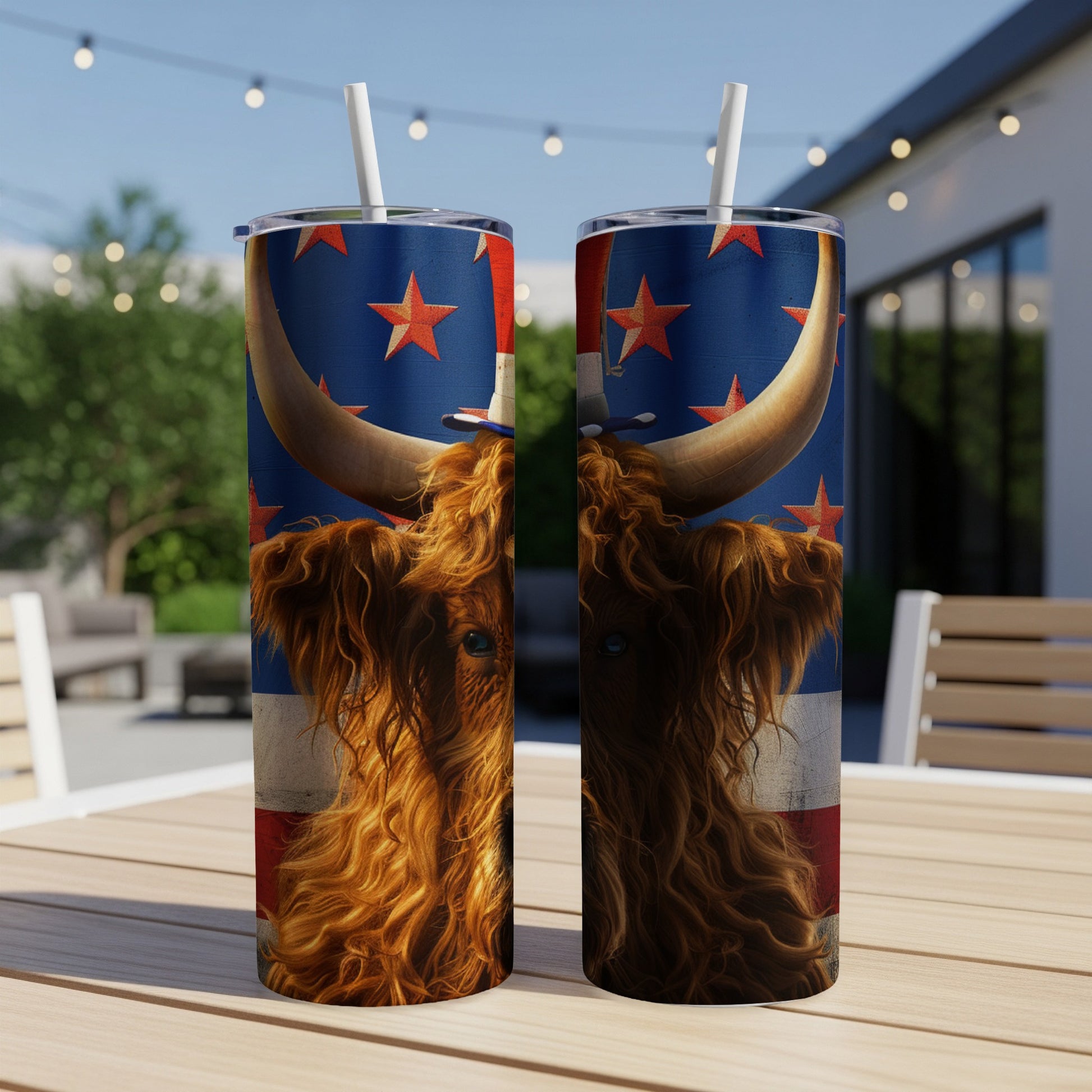 Highland cow with patriotic hat and flag pattern on a tumbler.