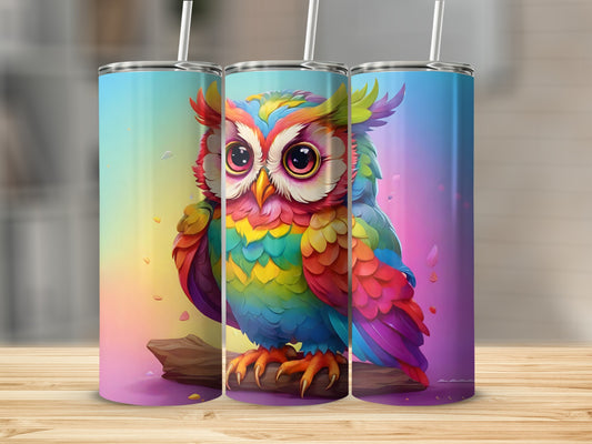 Rainbow owl on a branch, with two identical tumblers.