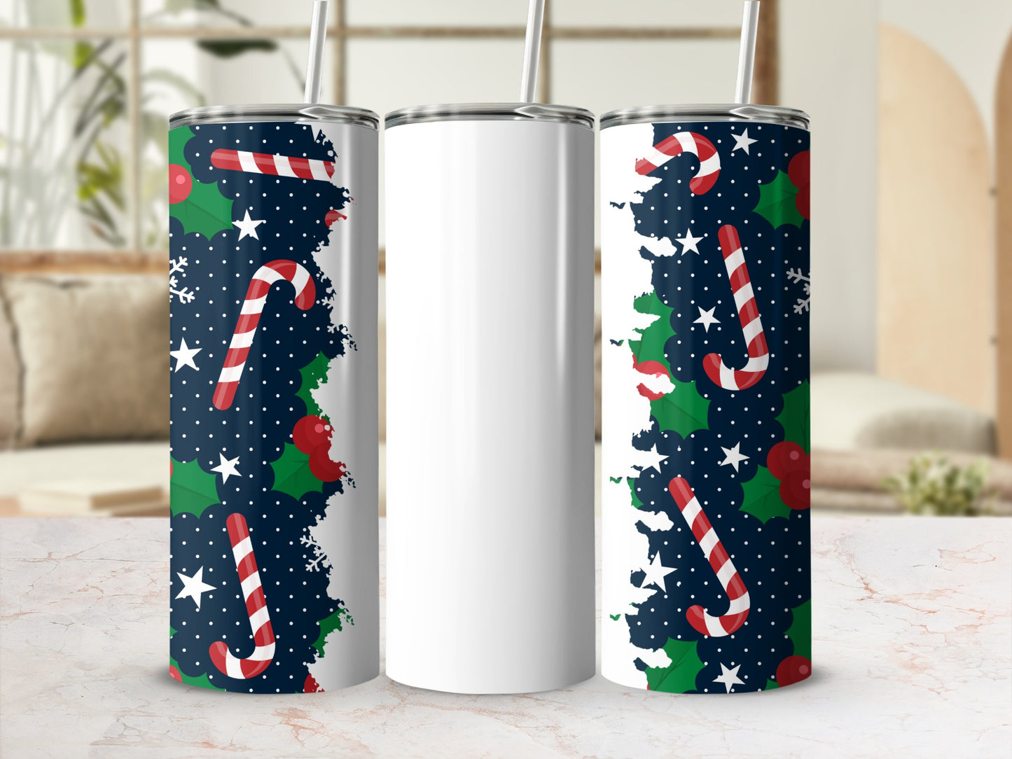 Festive Candy Cane and Holly Tumbler with Straw