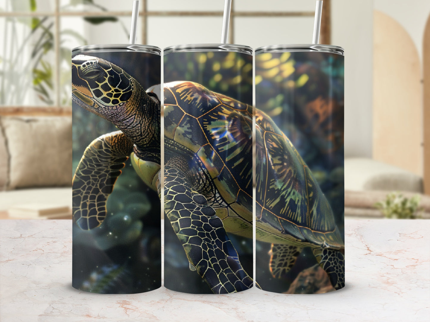Three tumblers featuring a sea turtle with intricate patterns on its shell.