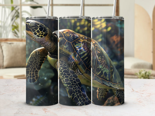 Three tumblers featuring a sea turtle with intricate patterns on its shell.