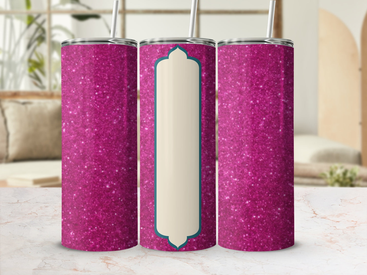 Pink glitter tumbler with a light blue and cream central panel.