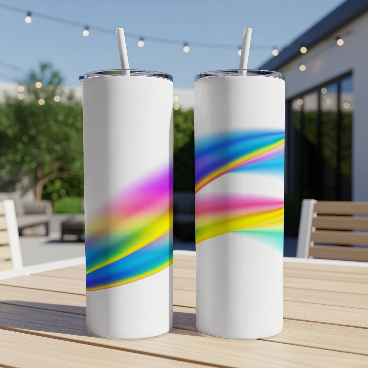Two white tumblers with colorful abstract watercolor designs on a wooden table outdoors.