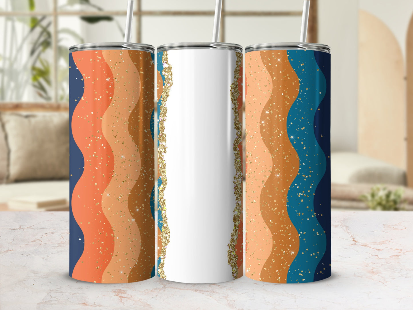 Tall skinny tumbler with wavy stripes of orange, gold glitter, and navy blue.
