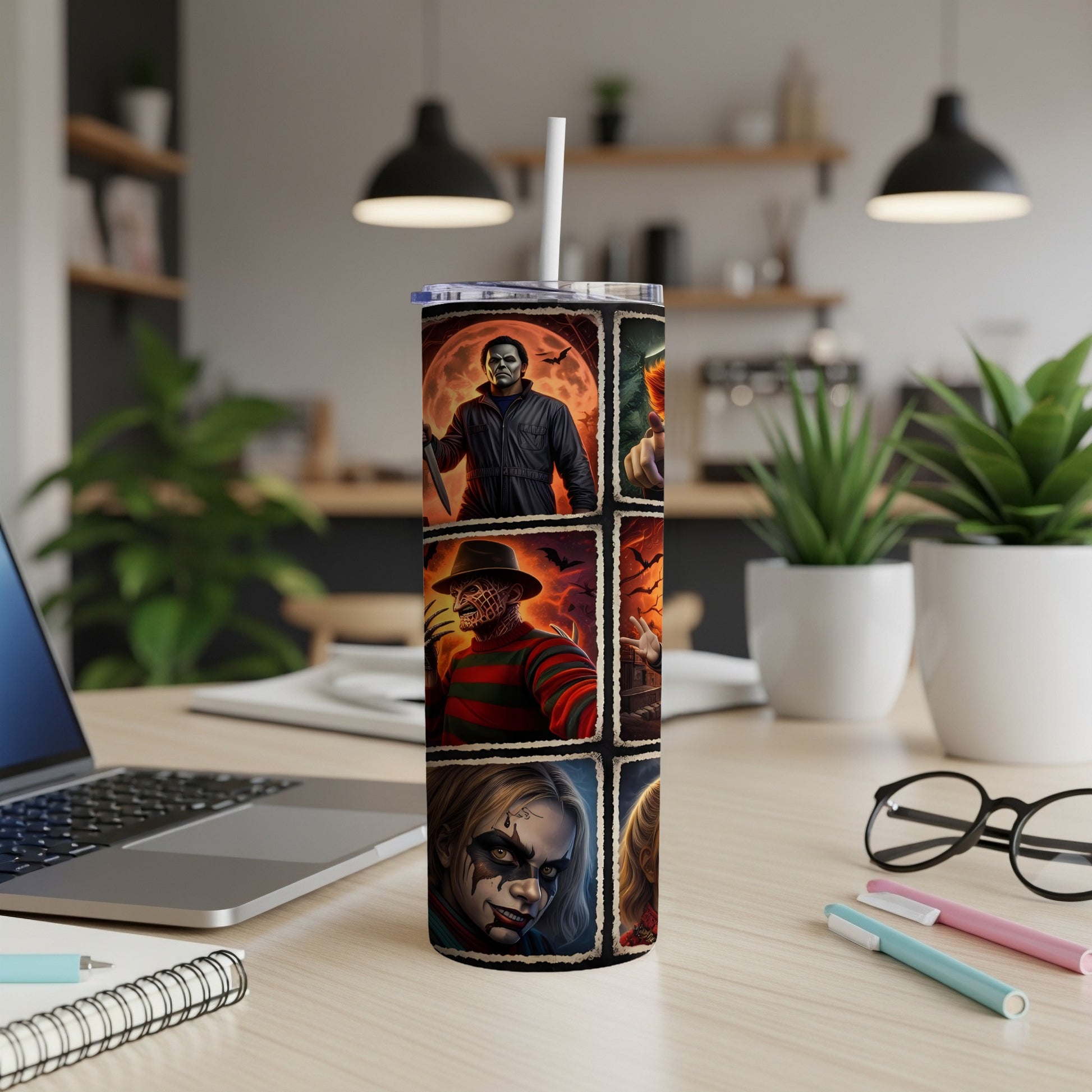 Tumbler featuring a collage of horror movie villains with a straw.