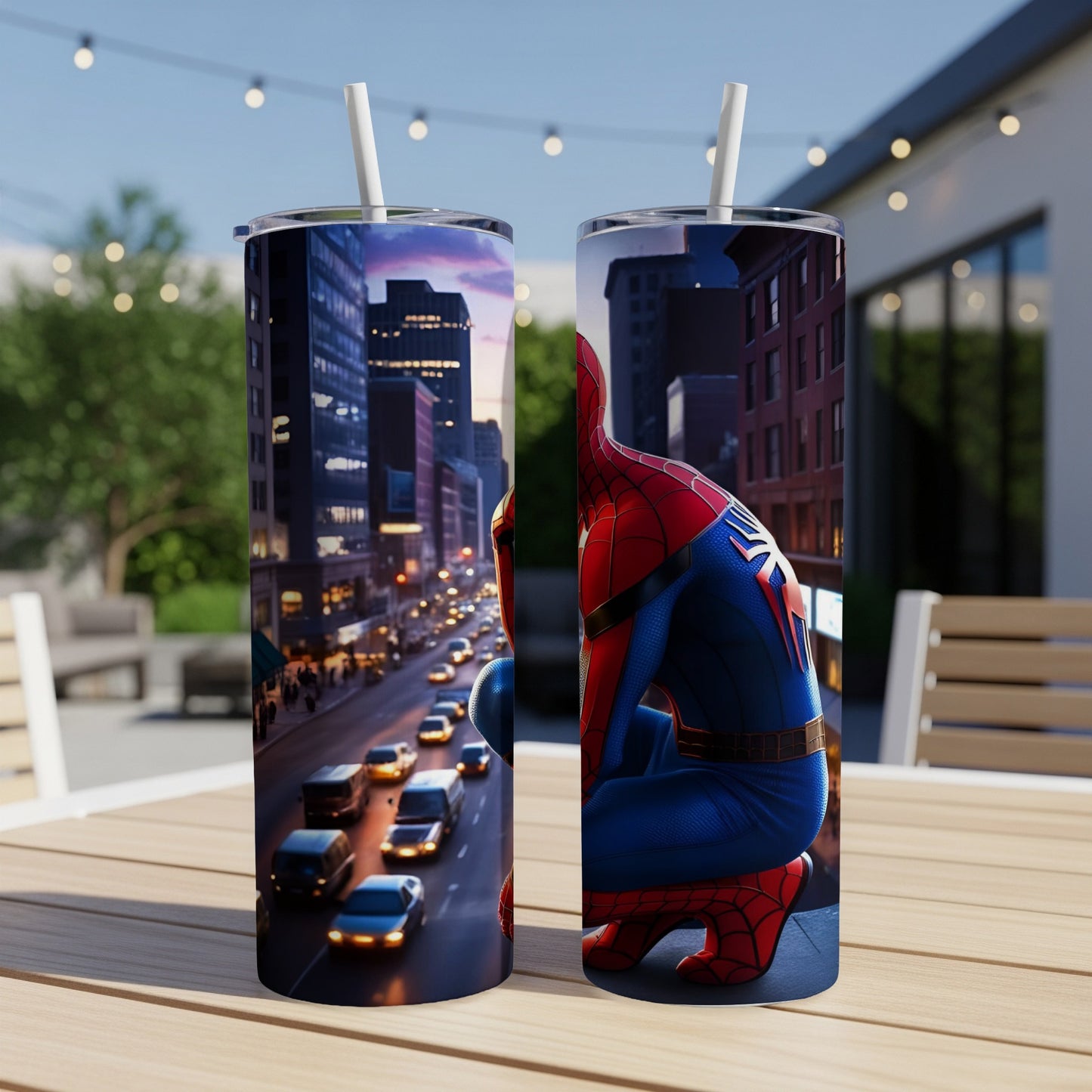Spiderman in a crouched pose on a cityscape background.