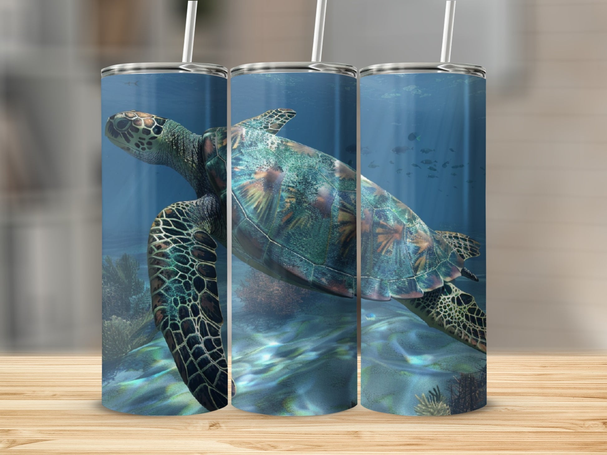 Sea turtle swimming underwater, surrounded by coral and fish, on a tumbler.