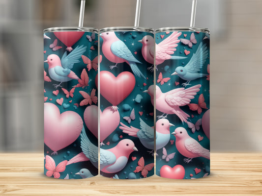 Three tumblers with pink birds, butterflies, and hearts on a teal background.