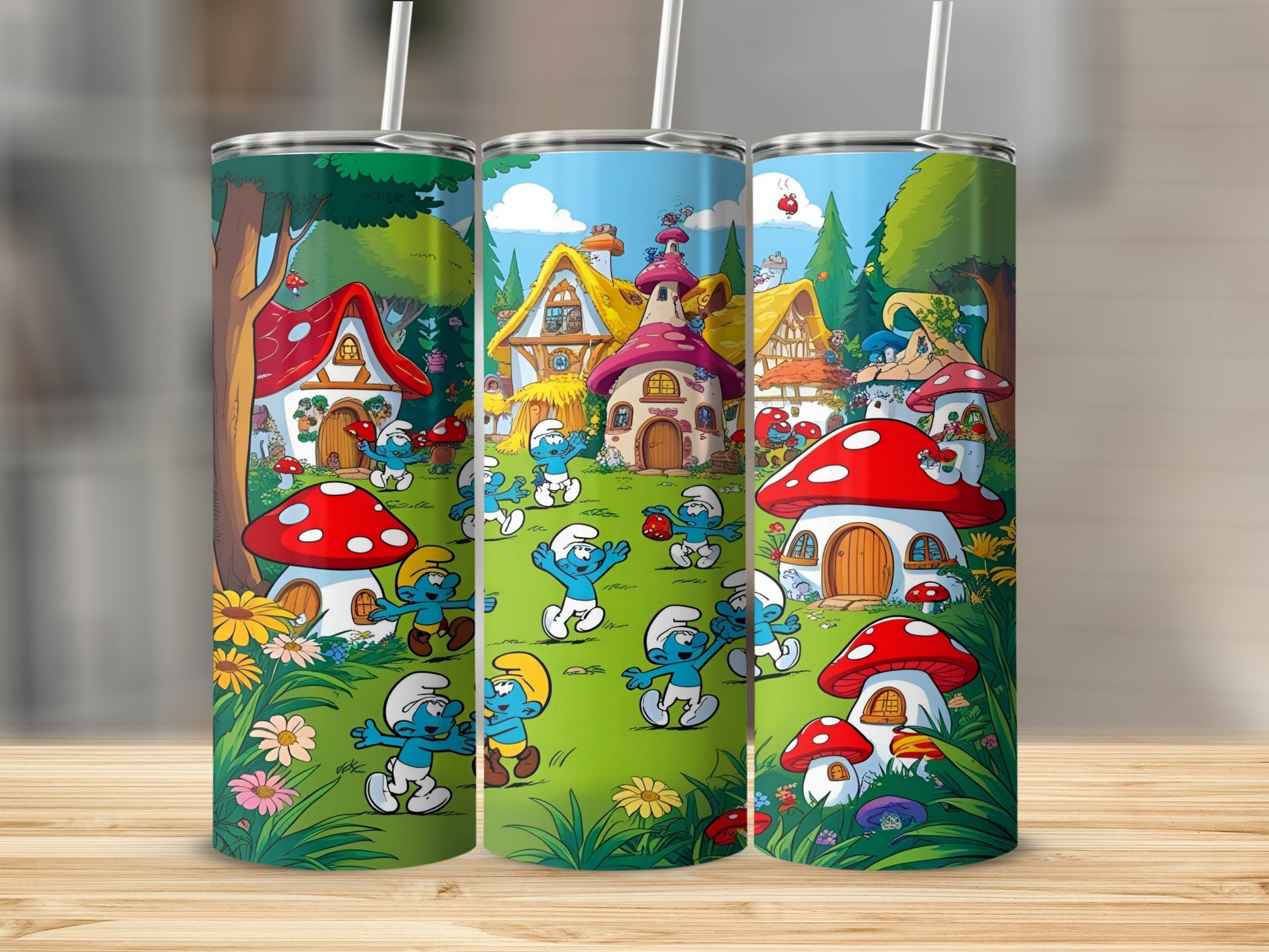 Smurfs in a village with mushroom houses and flowers.