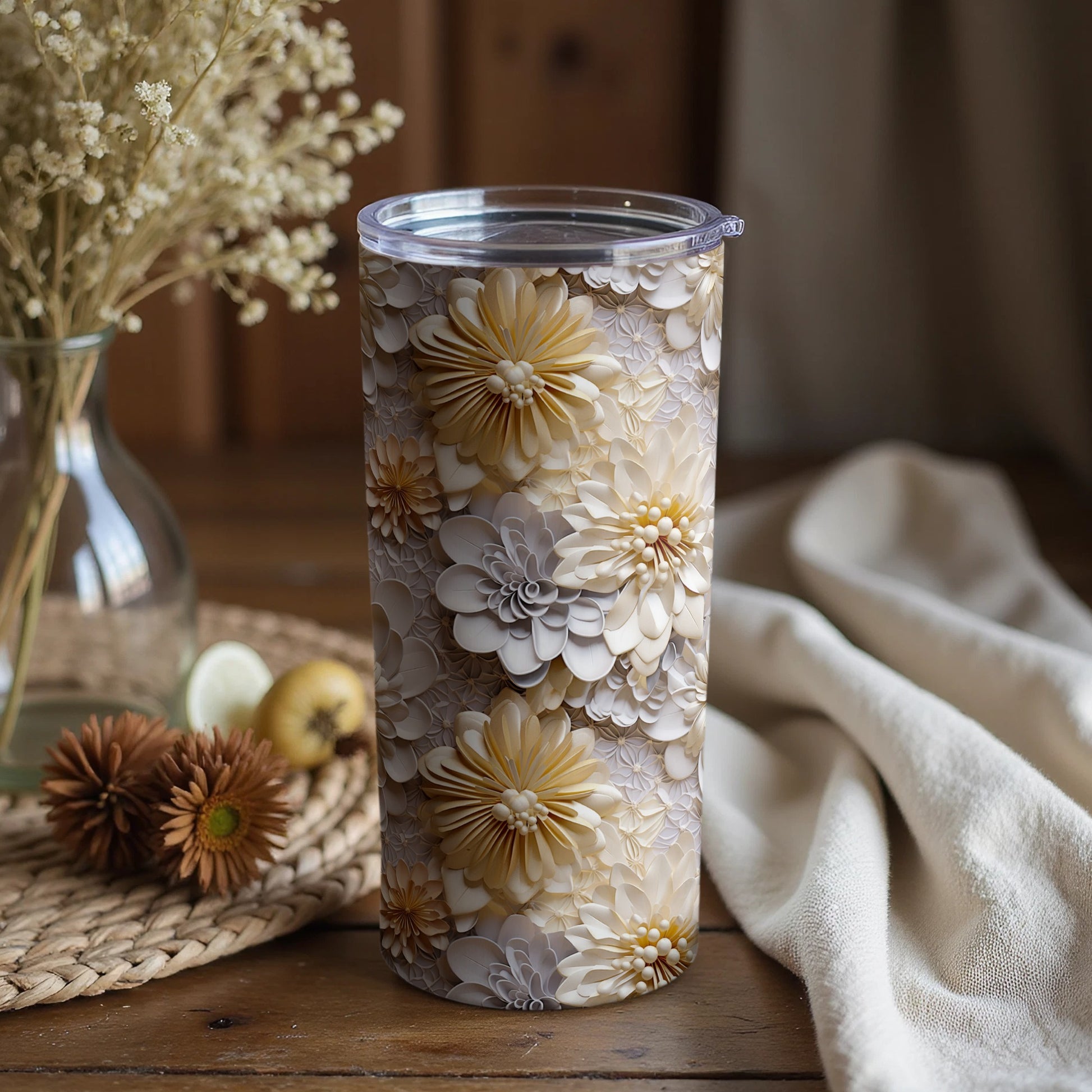 Elegant Floral Pattern Yellow and White Tumbler
