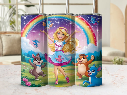 Barbie with rainbow, animals, and whimsical background.
