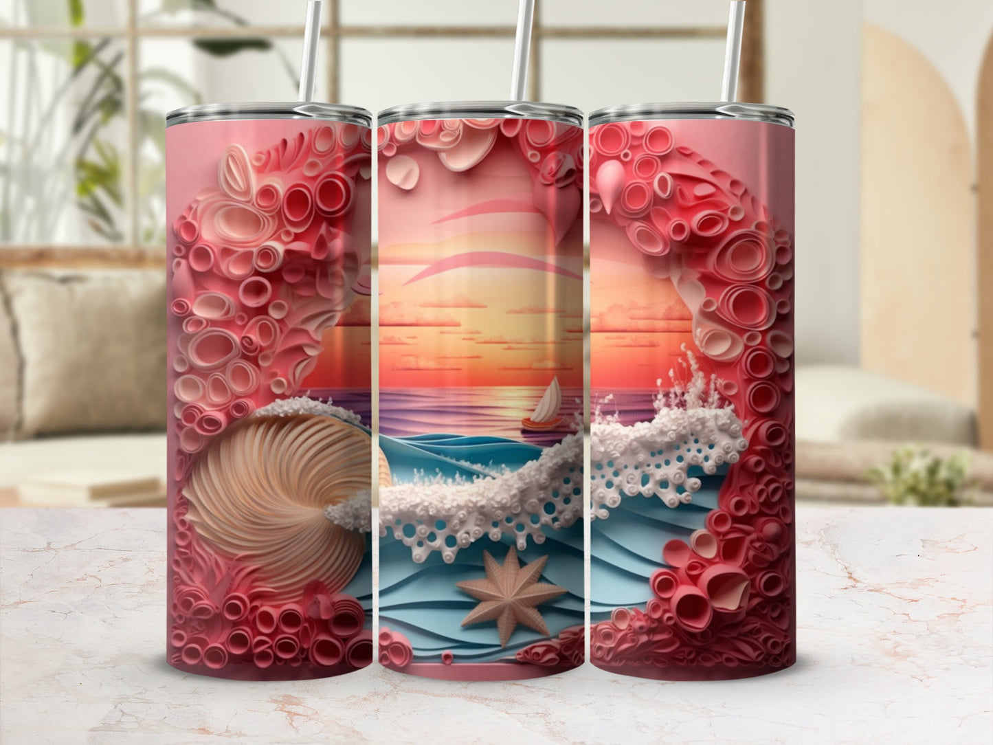 Triptych tumbler with a beach sunset scene and coral reef details.