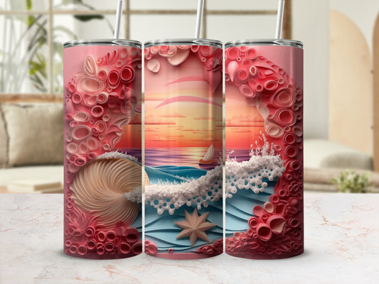 Triptych tumbler with a beach sunset scene and coral reef details.