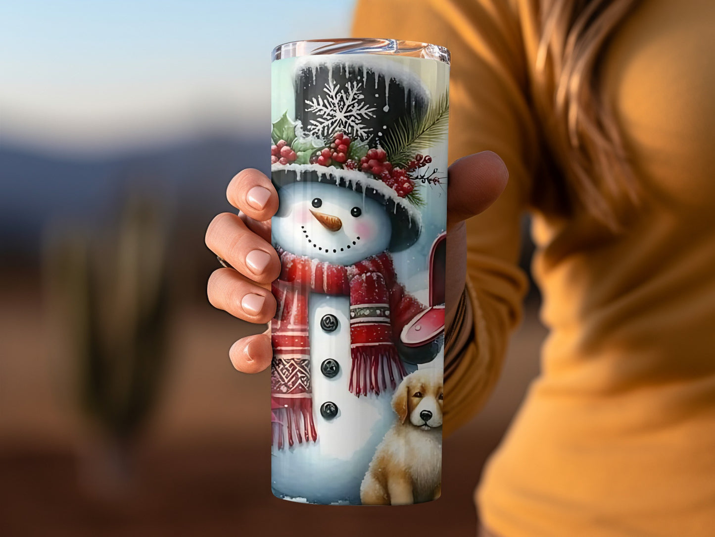 Festive Snowman and Dog Design Travel Mug