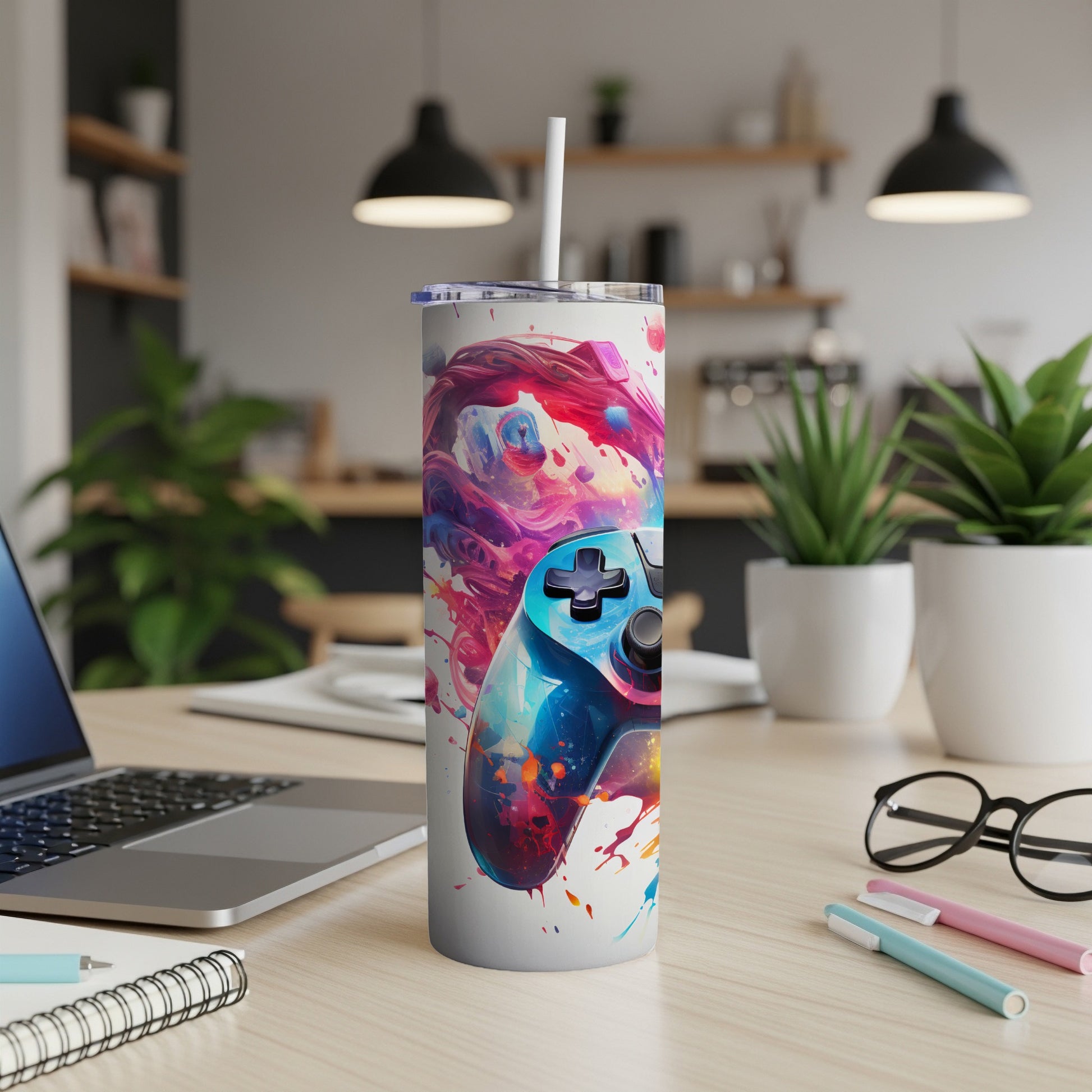 Abstract art tumbler with a colorful video game controller design.