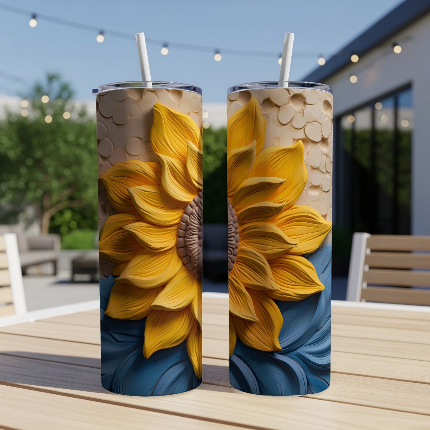 Two sun-themed tumblers with textured petals on a wooden table.