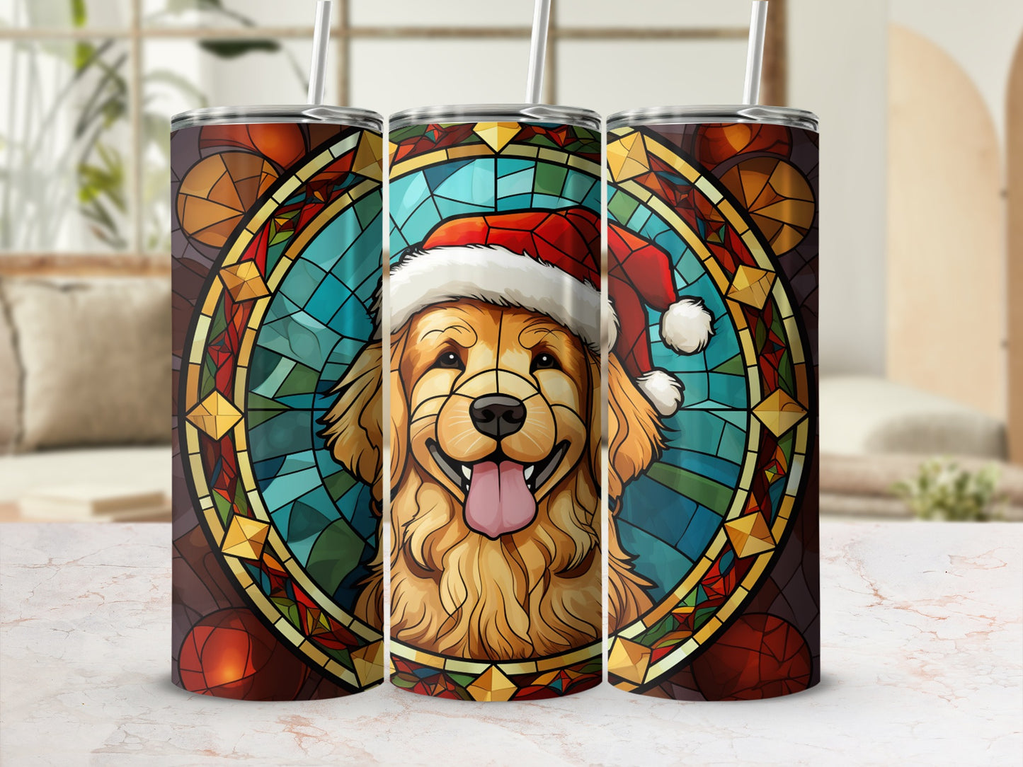 Golden retriever wearing Santa hat, stained glass design, three tumblers.