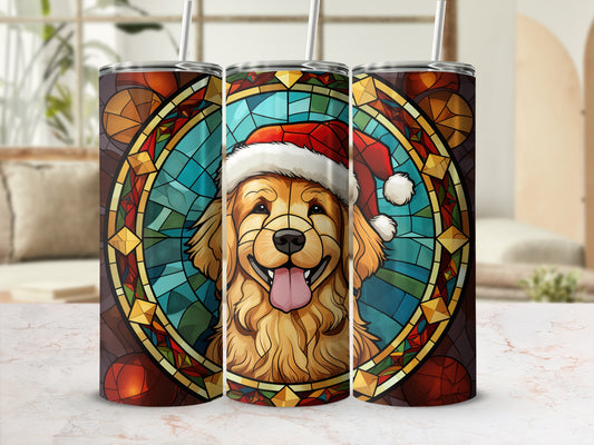 Golden retriever wearing Santa hat, stained glass design, three tumblers.
