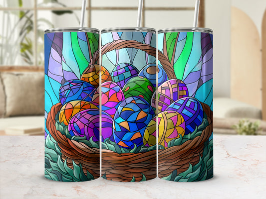 Colorful Easter eggs in a basket, stained glass design.