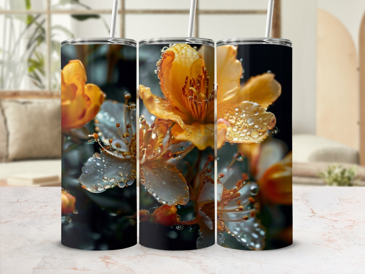Three tumblers display close-ups of wet yellow and white flowers.