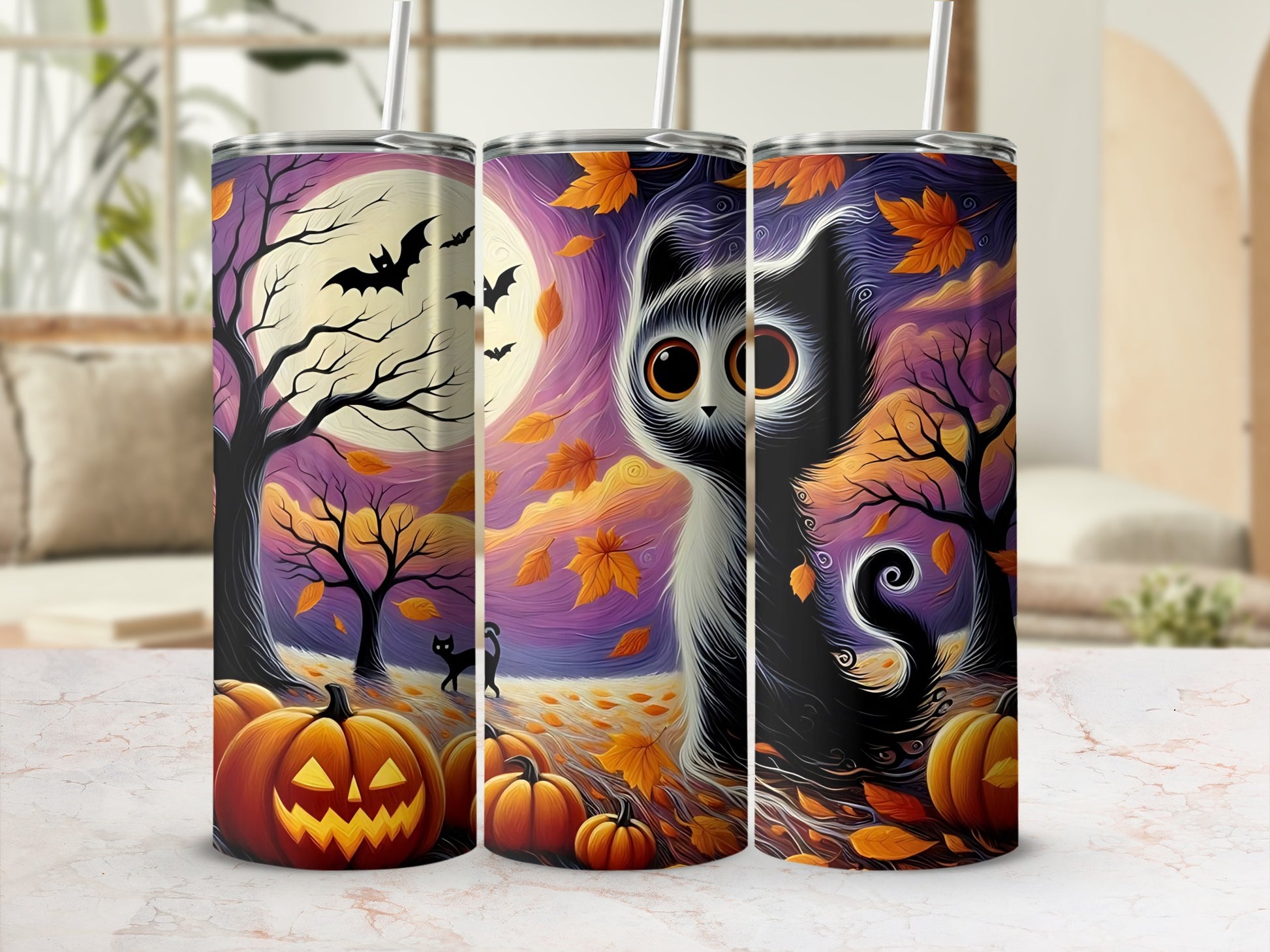 Halloween tumblers with black cats, pumpkins, bats, and autumn leaves.
