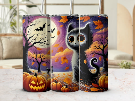 Halloween tumblers with black cats, pumpkins, bats, and autumn leaves.