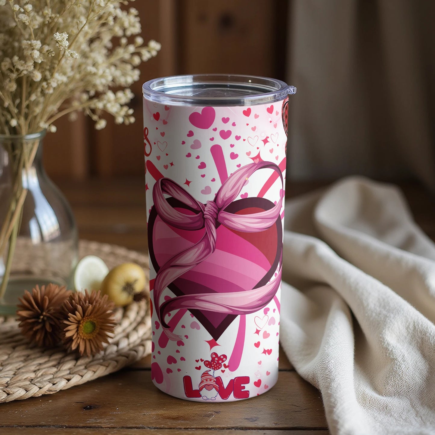 Pink Heart and Ribbon Valentine's Day Tumbler Design