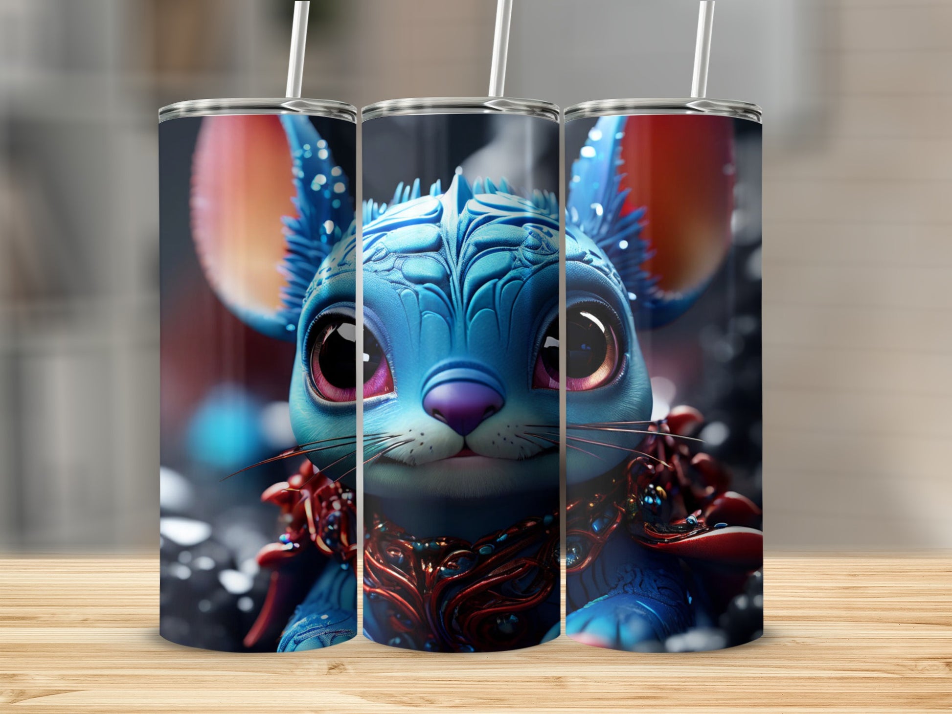 Blue cartoon mouse with large eyes on a tumbler.